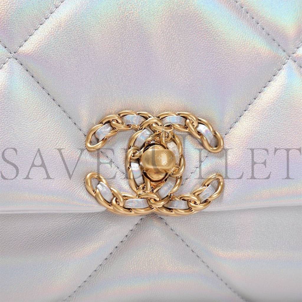 CHANEL IRIDESCENT CALFSKIN QUILTED MEDIUM CHANEL 19 FLAP LIGHT GOLD PURPLE BLUE AS1160 (26*17*8cm)